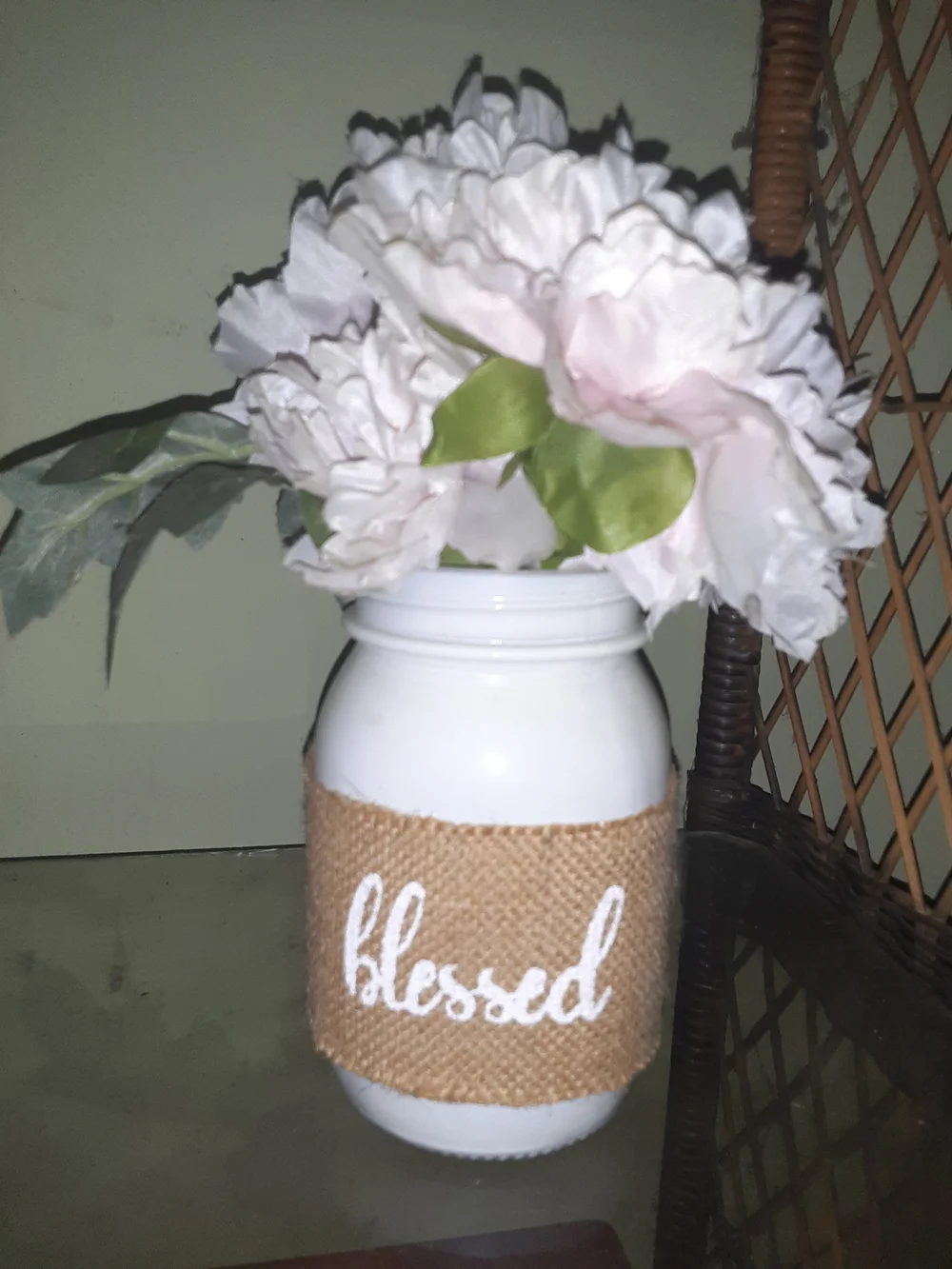 Neutral White Mason Jar Vase with 'Blessed' Burlap Band and Light Pink Flowers